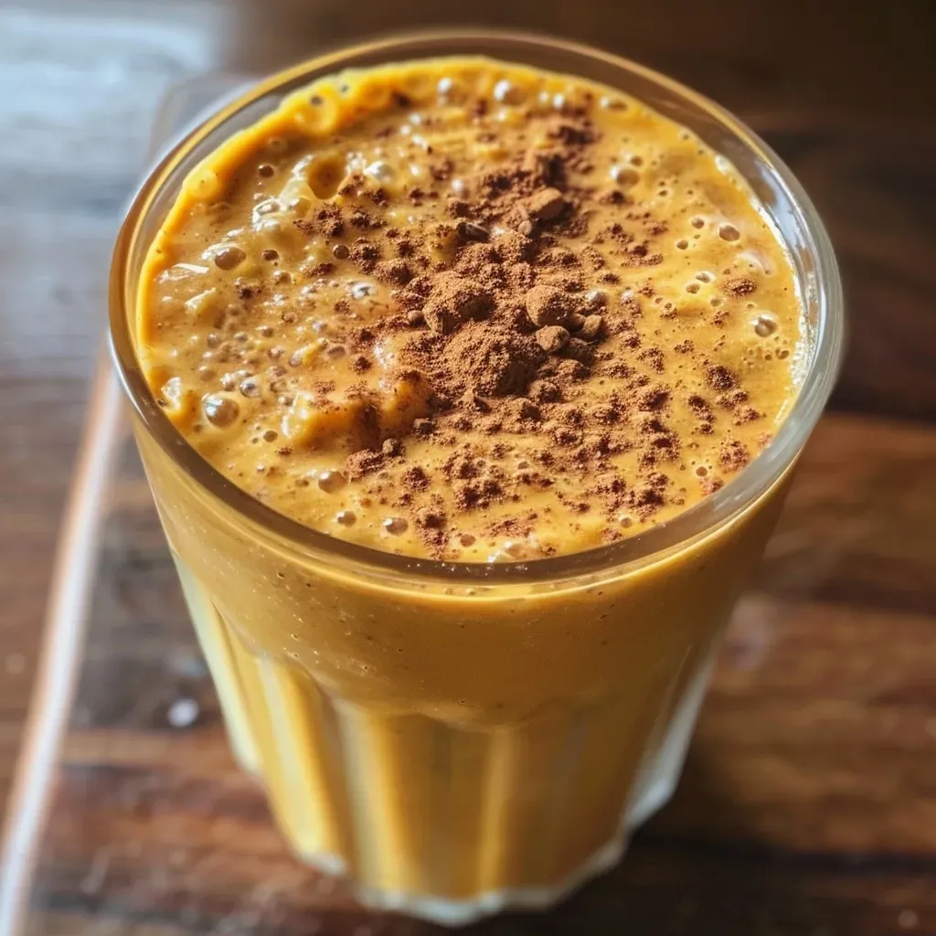 ['Close-up of a creamy protein pumpkin smoothie in a glass.', 'Side view of a vibrant pumpkin smoothie with a smooth texture.', 'Thick pumpkin smoothie in a clear cup, showcasing its rich color.', 'Delicious protein pumpkin smoothie with a sprinkle of spice on top.']