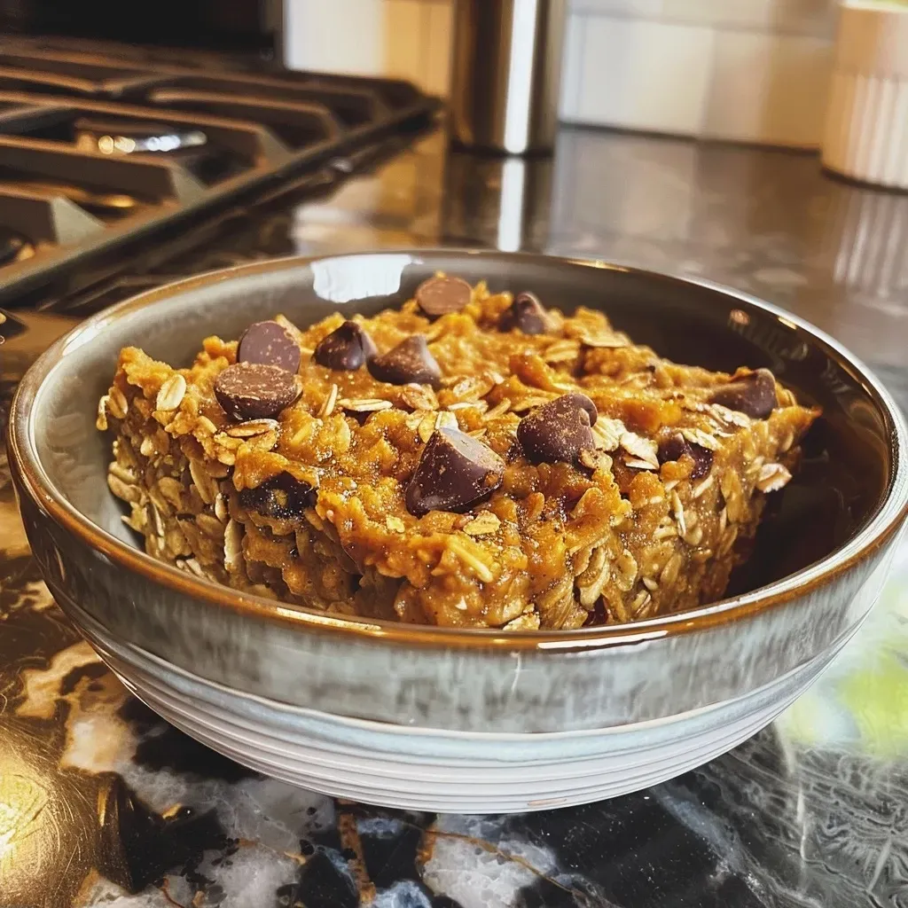 ['Close-up view of baked pumpkin oats topped with chocolate chips.', 'Side view of delicious pumpkin baked oats in a bowl.', 'Rich and creamy pumpkin baked oats ready to eat.', 'A serving of pumpkin baked oats garnished with oats and chocolate chips.']