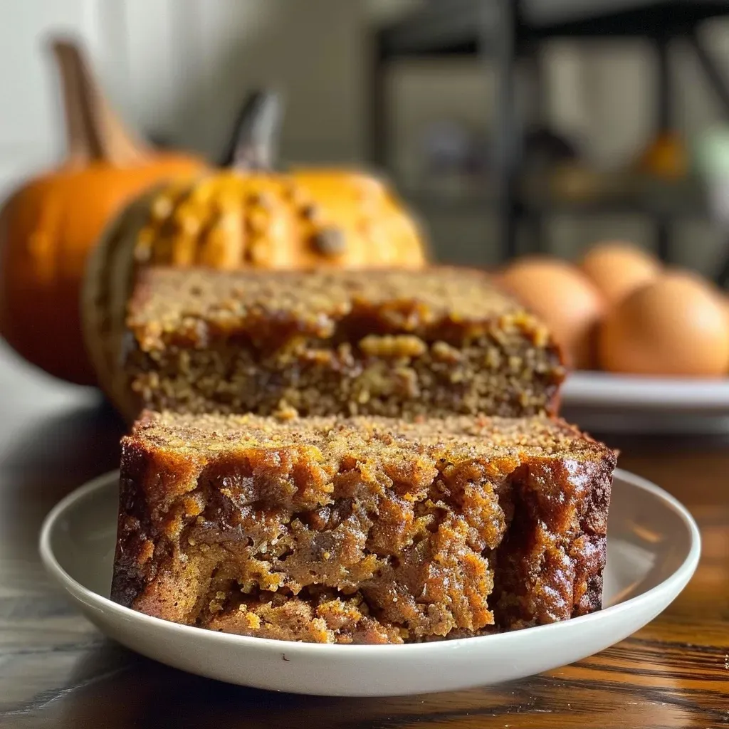 ['A close-up side view of a loaf of moist Pumpkin Banana Bread.', 'A slice of Pumpkin Banana Bread showcasing its texture and ingredients.', 'Side view of a golden-brown Pumpkin Banana Bread loaf with a soft interior.', 'A detailed shot of Pumpkin Banana Bread highlighting its rich, inviting color.']