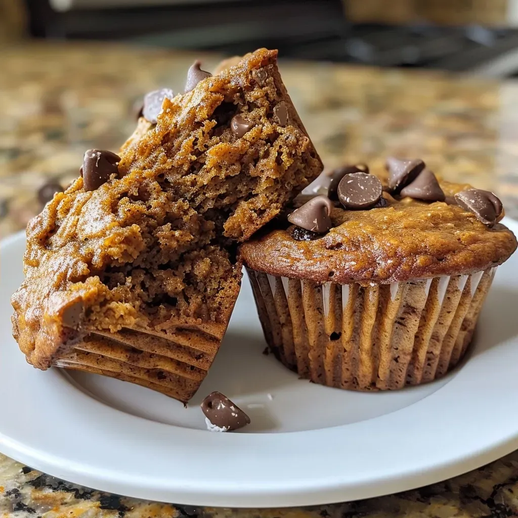 ['Close-up of freshly baked Pumpkin Banana Muffins with a golden-brown crust.', 'Side view of moist Pumpkin Banana Muffins studded with vegan chocolate chips.', 'Juicy, fluffy Pumpkin Banana Muffins with a sprinkle of cinnamon on top.', 'Delicious Pumpkin Banana Muffins displayed on a rustic wooden table.']