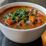 ['Close-up view of a vibrant orange pumpkin black bean soup with visible black beans and a creamy texture.', 'Side angle of a steaming bowl of pumpkin black bean soup, showcasing its rich color and garnishes.', 'Detailed image of a hearty pumpkin black bean soup, highlighting the contrasting colors of beans and pumpkin.', 'A lush, creamy bowl of pumpkin black bean soup presented in a rustic setting, with a spoon beside it.']