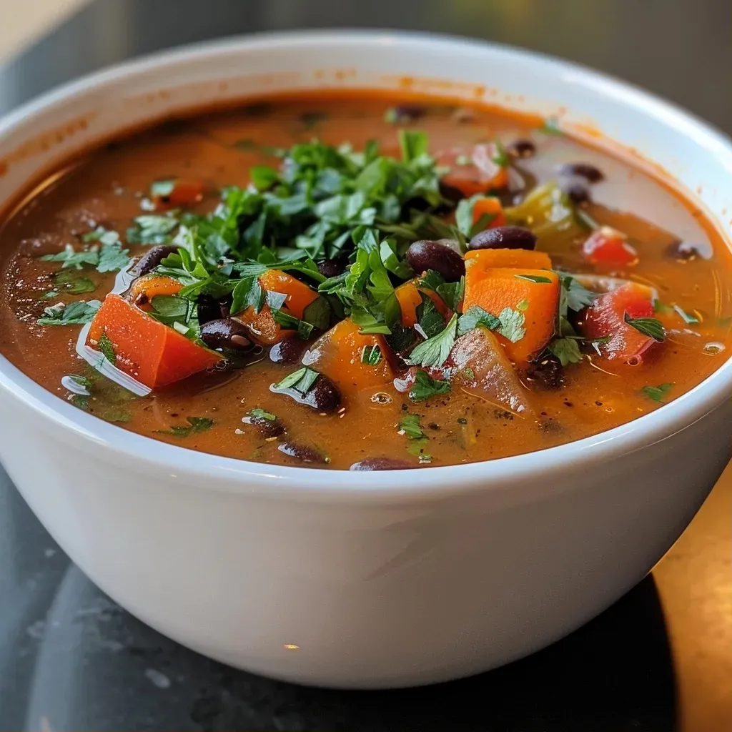 Close-up view of a vibrant orange pumpkin black bean soup with visible black beans and a creamy texture.