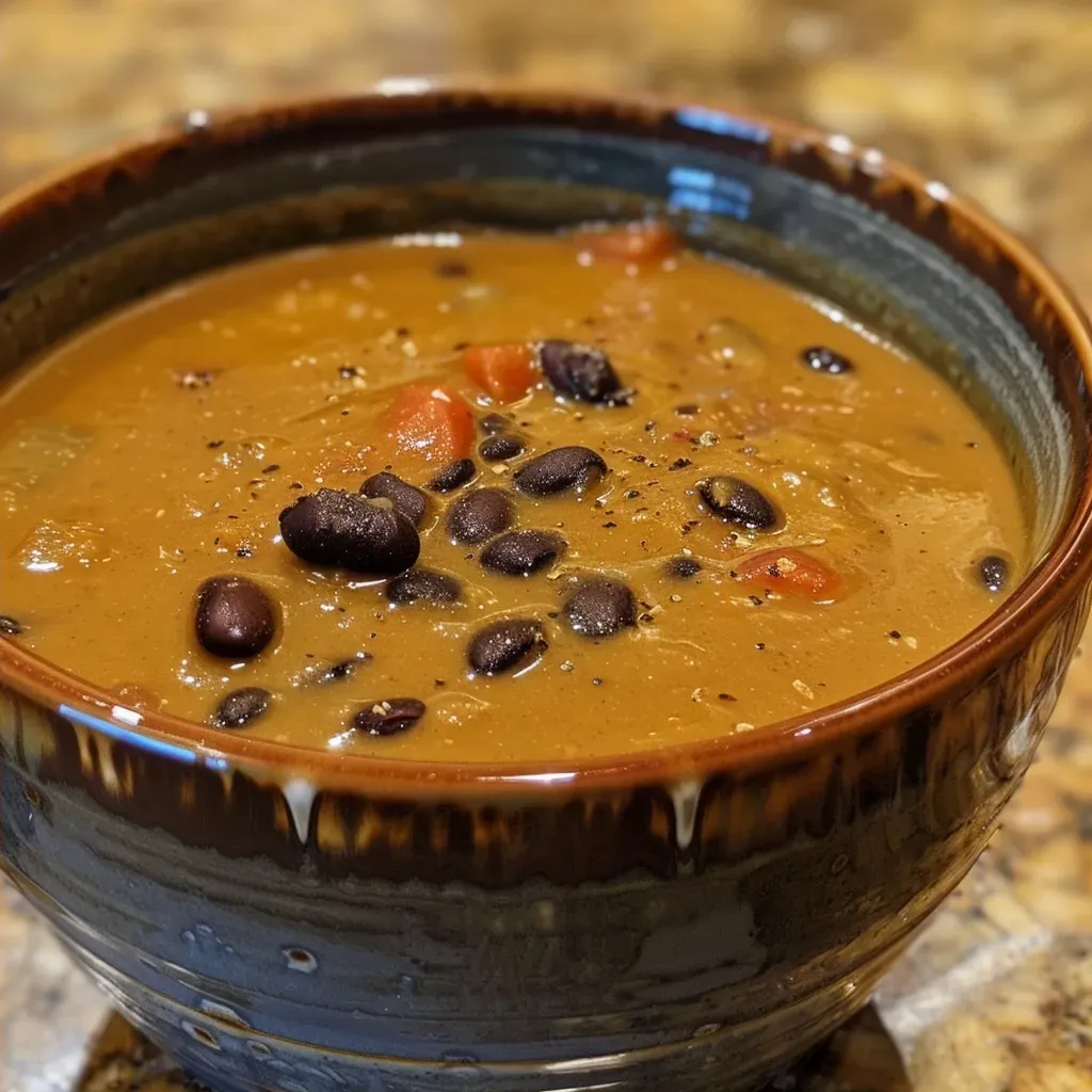Close-up view of a vibrant orange pumpkin black bean soup with visible black beans and a creamy texture.