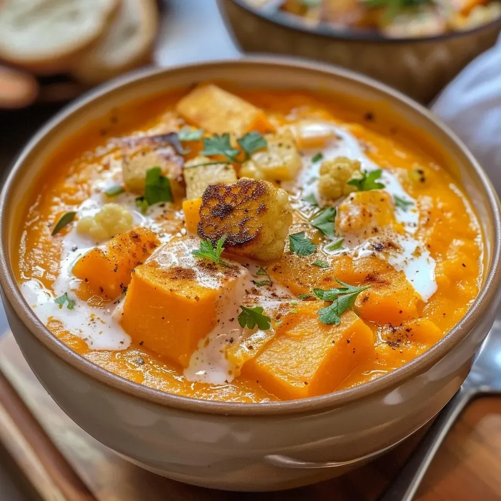 ['A steaming bowl of roasted pumpkin cauliflower soup topped with fresh herbs and croutons.', 'Close-up view of vibrant pumpkin cauliflower soup garnished with a dollop of vegan yogurt and herbs.', 'A hearty serving of pumpkin cauliflower soup in a rustic bowl, showcasing golden orange hues and croutons.', 'Side view of a delicious pumpkin cauliflower soup with chunks of vegetables and a sprinkle of smoked paprika.']