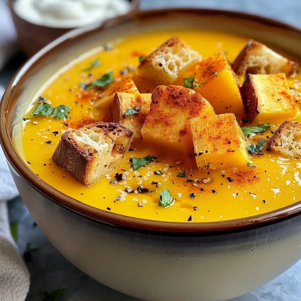 ['A steaming bowl of roasted pumpkin cauliflower soup topped with fresh herbs and croutons.', 'Close-up view of vibrant pumpkin cauliflower soup garnished with a dollop of vegan yogurt and herbs.', 'A hearty serving of pumpkin cauliflower soup in a rustic bowl, showcasing golden orange hues and croutons.', 'Side view of a delicious pumpkin cauliflower soup with chunks of vegetables and a sprinkle of smoked paprika.']