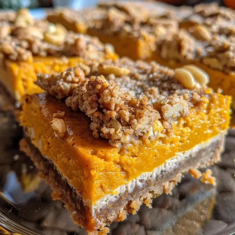 ['A close-up side view of pumpkin cheesecake bars, showcasing a creamy top and crumbly base.', 'Sliced pumpkin cheesecake bars with a rich, orange filling and golden crust, presented on a white plate.', 'Delicious pumpkin cheesecake bars that are layered and topped with a smooth cream cheese mixture.', 'A delicious slice of pumpkin cheesecake bars with a glossy surface and a hint of cinnamon on top.']