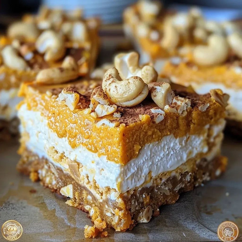 ['A close-up side view of pumpkin cheesecake bars, showcasing a creamy top and crumbly base.', 'Sliced pumpkin cheesecake bars with a rich, orange filling and golden crust, presented on a white plate.', 'Delicious pumpkin cheesecake bars that are layered and topped with a smooth cream cheese mixture.', 'A delicious slice of pumpkin cheesecake bars with a glossy surface and a hint of cinnamon on top.']