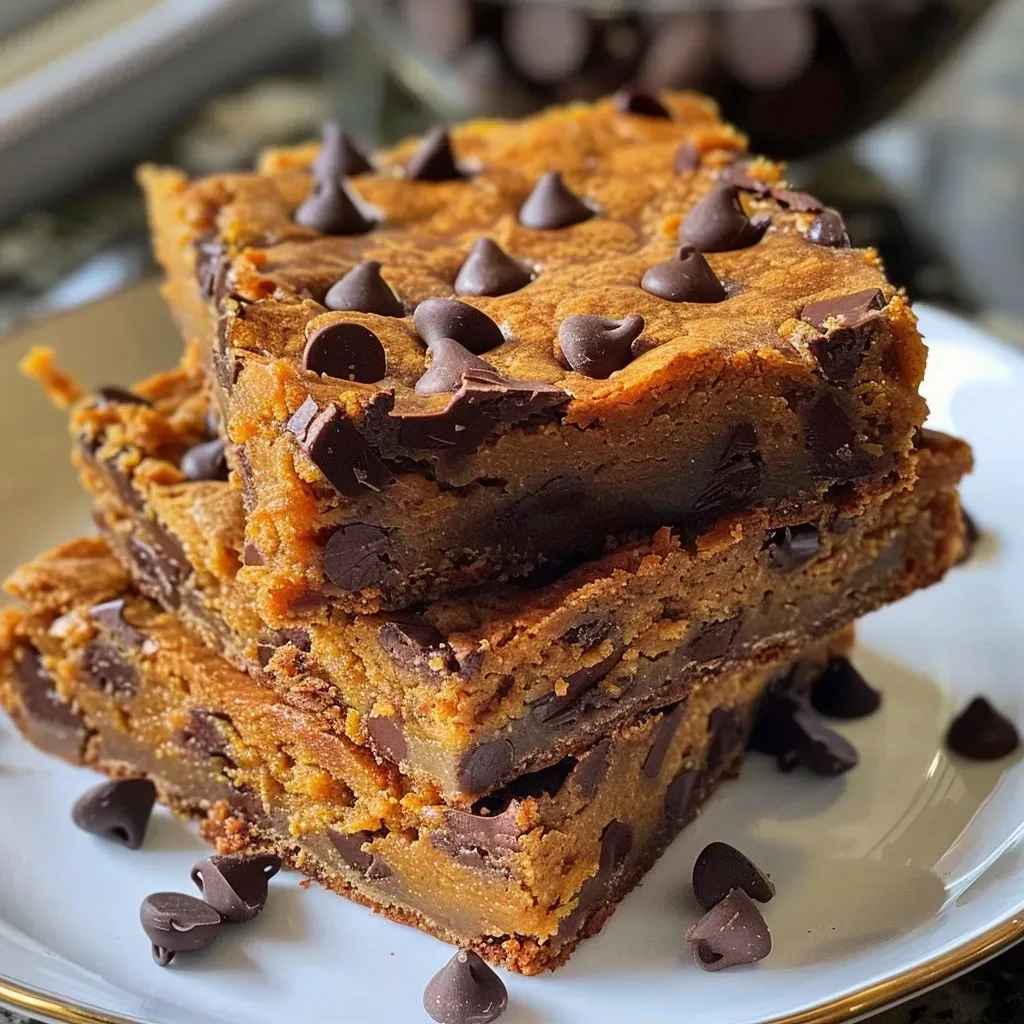 ['A close-up side view of delicious Pumpkin Chocolate Chip Bars with chocolate chips visibly melted on top.', 'A side angle of freshly baked Pumpkin Chocolate Chip Bars packed with chocolate chips and a golden-brown crust.', 'Juicy Pumpkin Chocolate Chip Bars displayed from the side, showcasing their moist texture and rich chocolate pieces.', 'A detailed view of Pumpkin Chocolate Chip Bars, highlighting the chocolate chips and soft pumpkin color.']