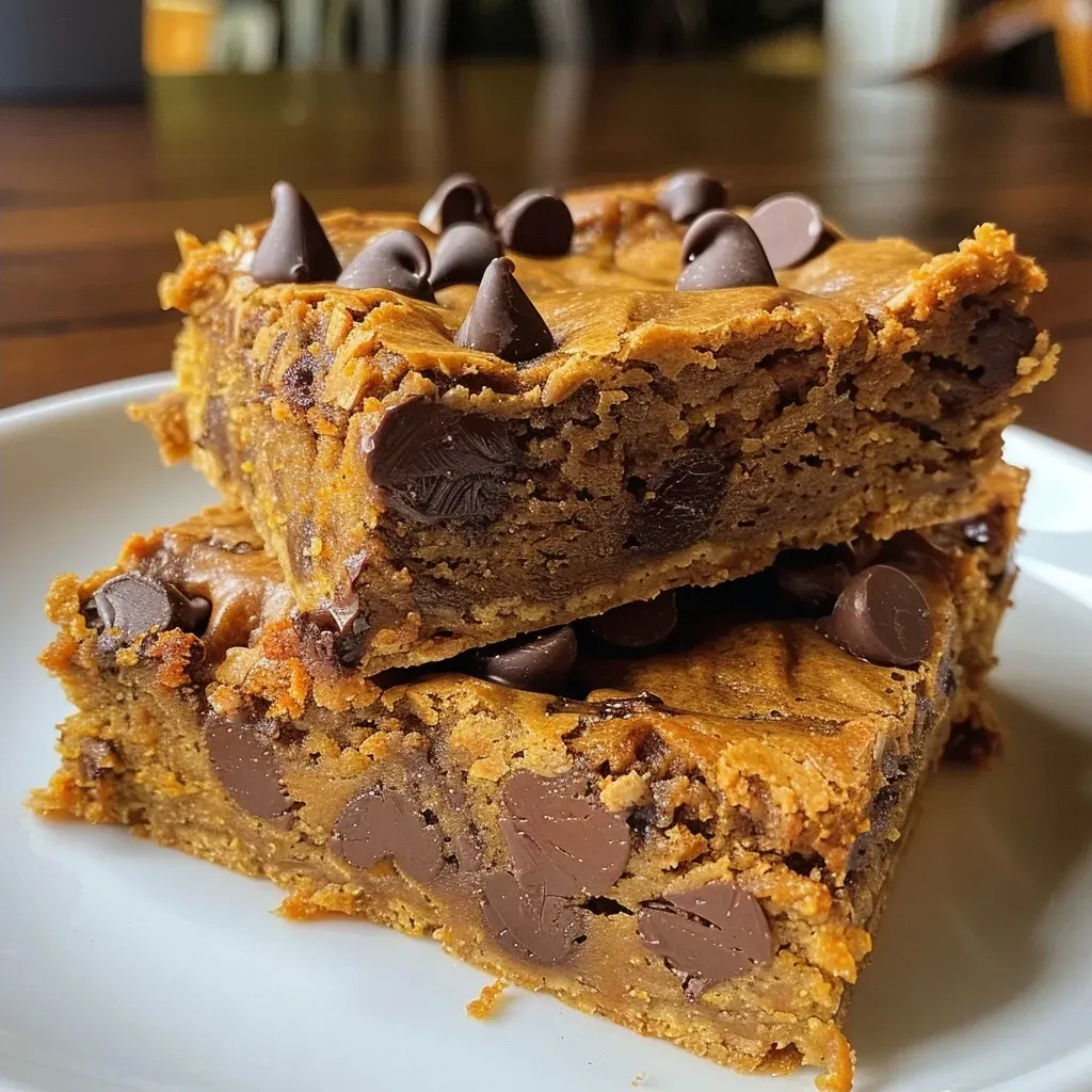['A close-up side view of delicious Pumpkin Chocolate Chip Bars with chocolate chips visibly melted on top.', 'A side angle of freshly baked Pumpkin Chocolate Chip Bars packed with chocolate chips and a golden-brown crust.', 'Juicy Pumpkin Chocolate Chip Bars displayed from the side, showcasing their moist texture and rich chocolate pieces.', 'A detailed view of Pumpkin Chocolate Chip Bars, highlighting the chocolate chips and soft pumpkin color.']
