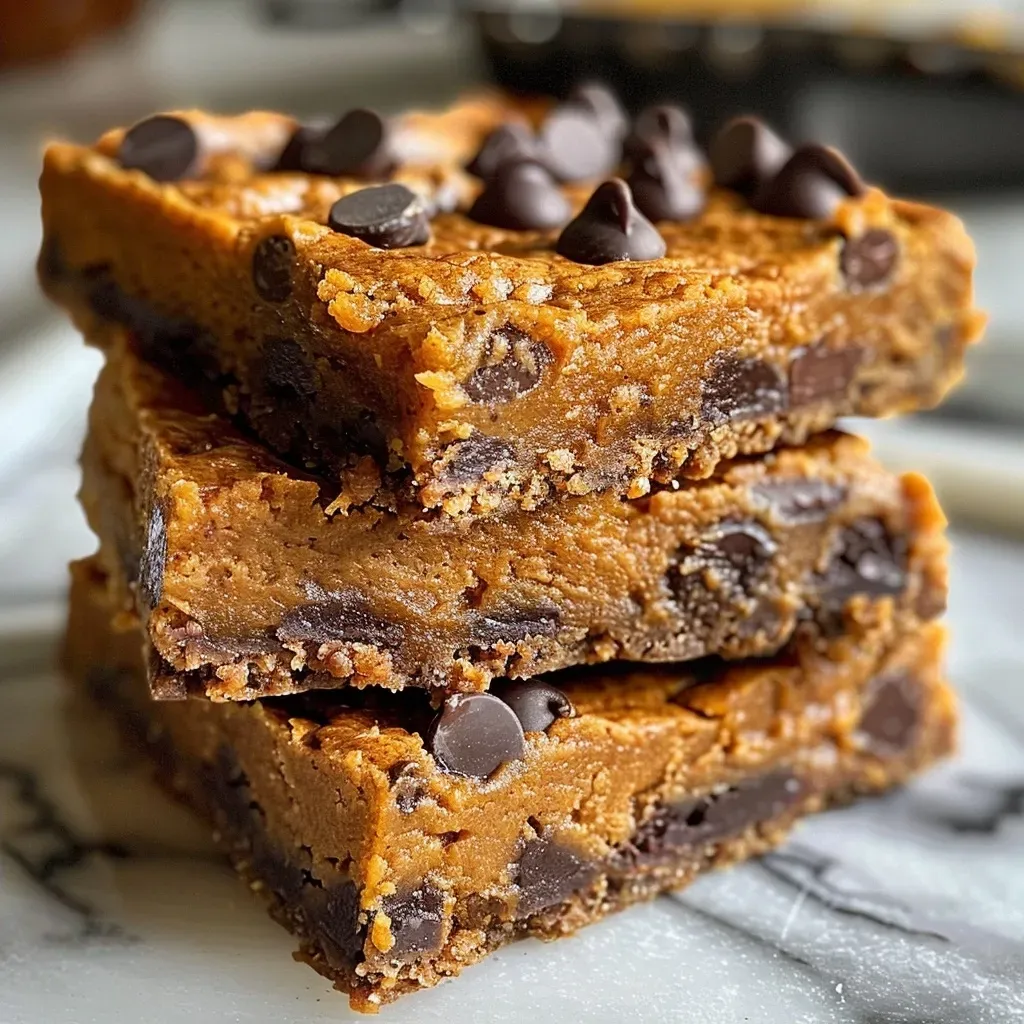 ['A close-up side view of delicious Pumpkin Chocolate Chip Bars with chocolate chips visibly melted on top.', 'A side angle of freshly baked Pumpkin Chocolate Chip Bars packed with chocolate chips and a golden-brown crust.', 'Juicy Pumpkin Chocolate Chip Bars displayed from the side, showcasing their moist texture and rich chocolate pieces.', 'A detailed view of Pumpkin Chocolate Chip Bars, highlighting the chocolate chips and soft pumpkin color.']