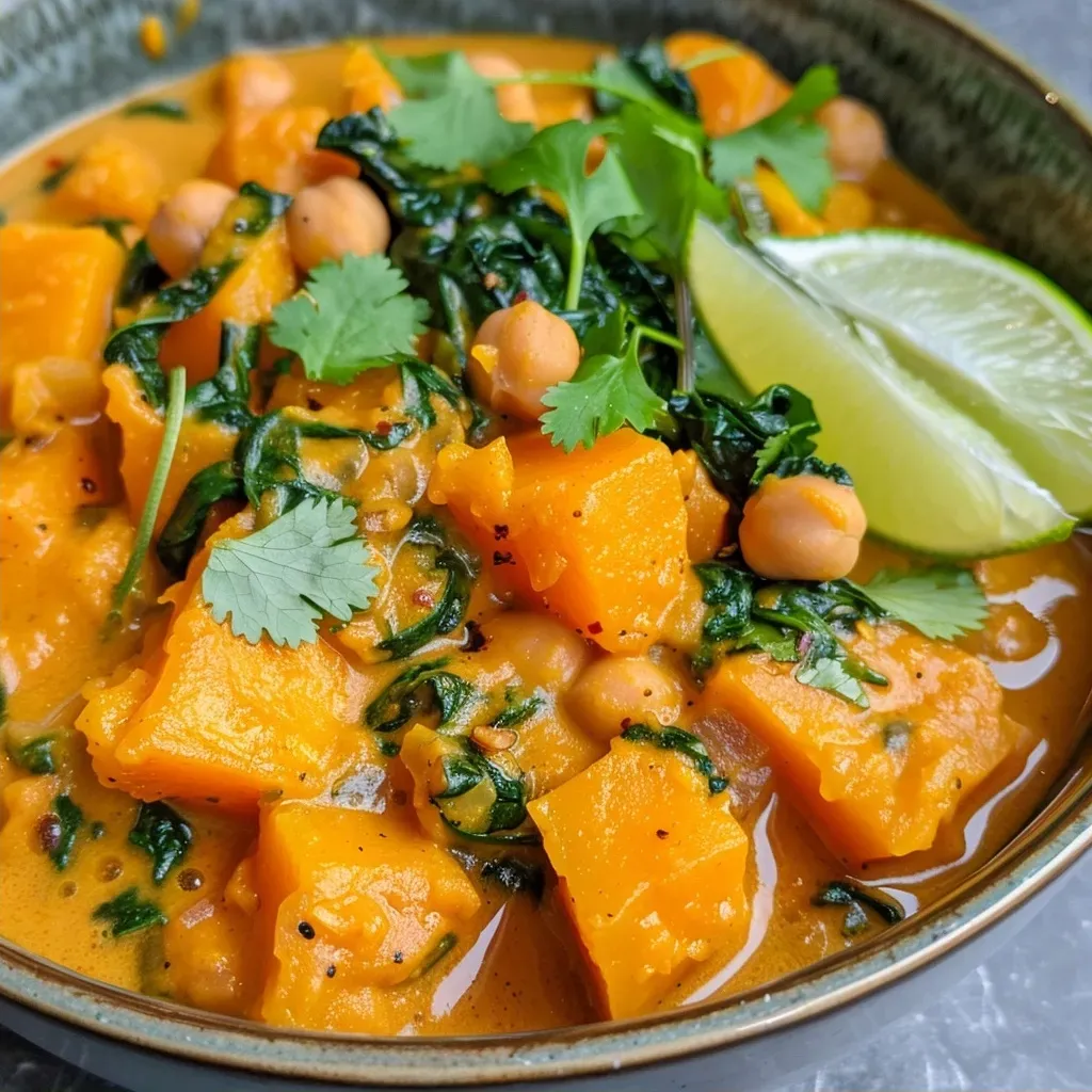 ['Close-up view of a vibrant pumpkin curry in a one-pot dish, showcasing chunks of pumpkin and chickpeas.', 'Side view of a steaming bowl of pumpkin curry with coconut milk, garnished with fresh cilantro, captured on an iPhone 15 Pro.', 'Delicious pumpkin curry packed with spices, featuring a mix of vegetables and chickpeas, displayed in a rustic pot.', 'Inviting image of a one-pot pumpkin curry, highlighting its creamy texture and colorful ingredients.']