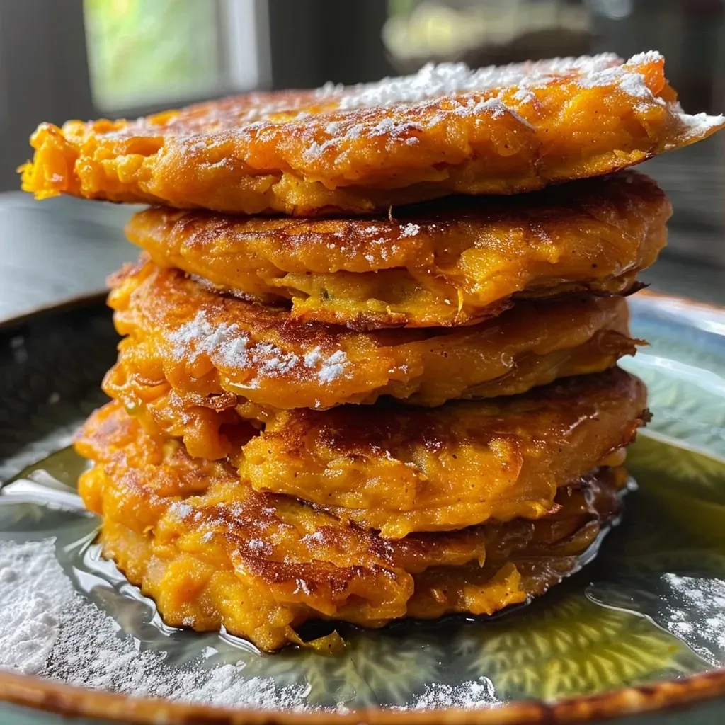 ['Close-up of golden brown pumpkin fritters on a plate, glistening with oil.', 'Tasty pumpkin fritters served in a rustic bowl, showcasing their crispy texture.', 'Side view photo of juicy pumpkin fritters, highlighting their fluffy interior.', 'Delicious pumpkin fritters stacked on a white plate, garnished with a sprinkle of cinnamon.']