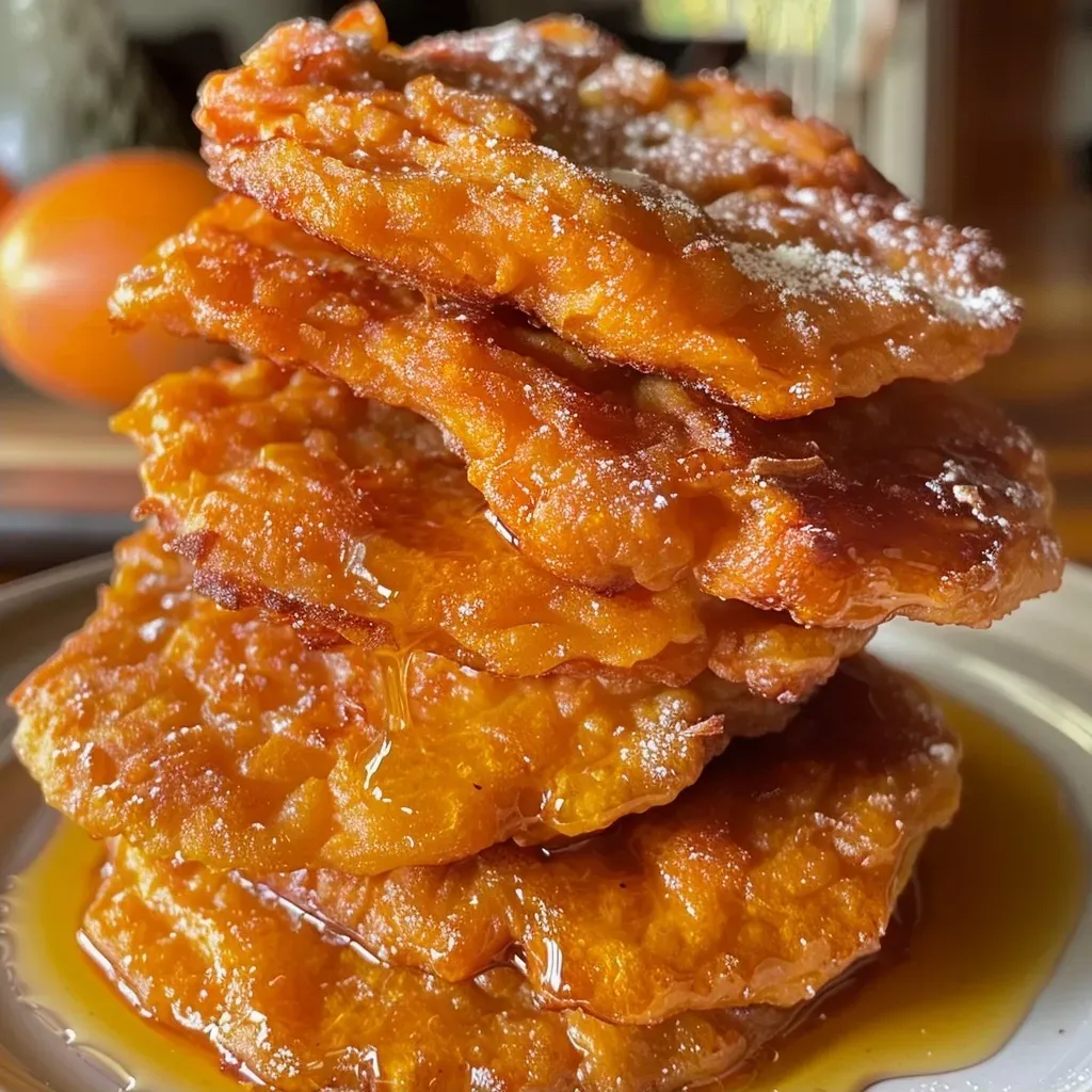 ['Close-up of golden brown pumpkin fritters on a plate, glistening with oil.', 'Tasty pumpkin fritters served in a rustic bowl, showcasing their crispy texture.', 'Side view photo of juicy pumpkin fritters, highlighting their fluffy interior.', 'Delicious pumpkin fritters stacked on a white plate, garnished with a sprinkle of cinnamon.']