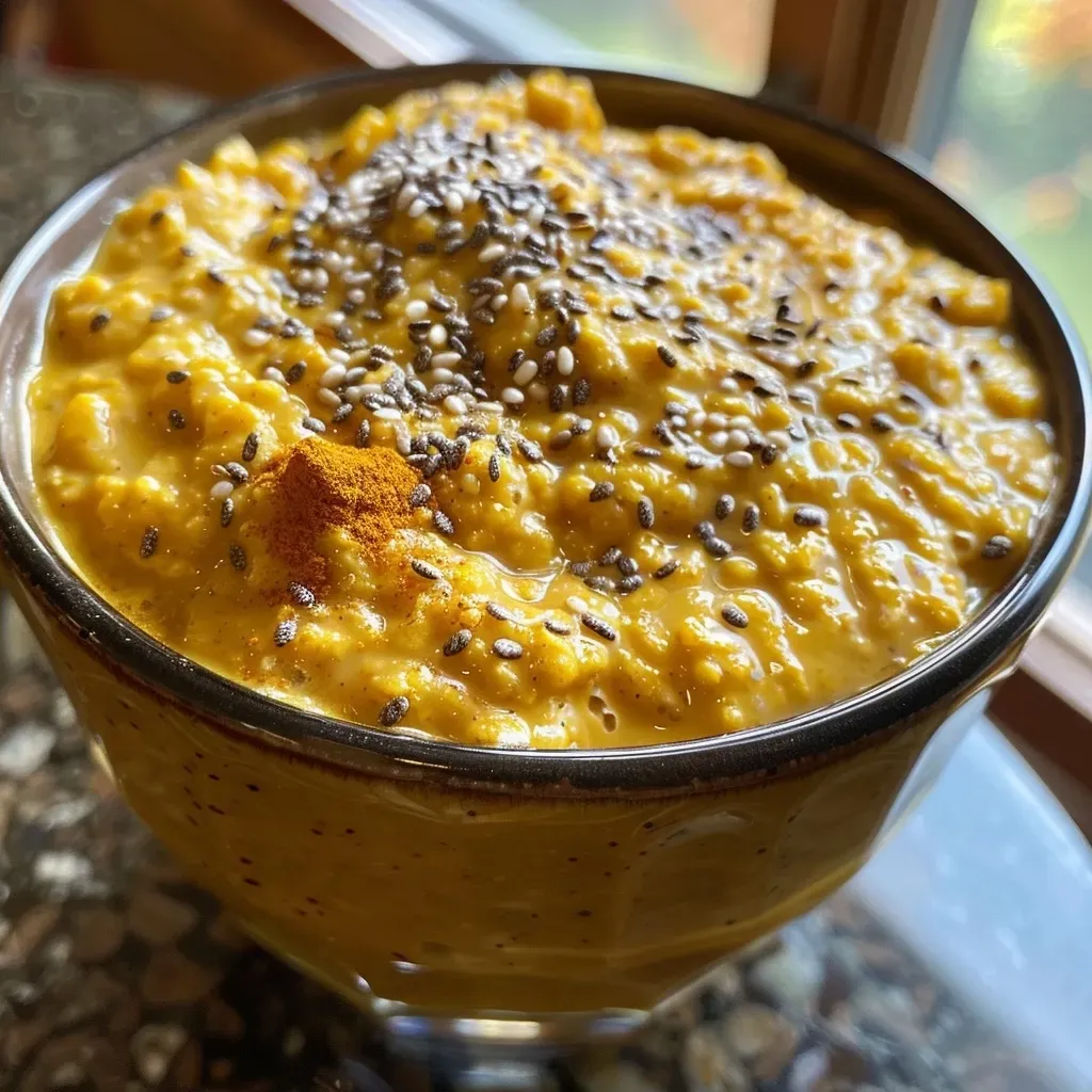 ['Close-up of creamy pumpkin overnight oats in a glass bowl with a spoon.', 'Side view of a serving of pumpkin overnight oats topped with chia seeds.', 'Delicious pumpkin overnight oats with a smooth texture, garnished with cinnamon.', 'Thick pumpkin overnight oats in a bowl, showcasing ingredients like maple syrup and pumpkin.']