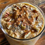 ['Close-up view of Pumpkin Pie Overnight Oats in a glass jar with chia seeds.', 'Side view of creamy Pumpkin Pie Overnight Oats topped with chia seeds and pumpkin spice.', 'A serving of Pumpkin Pie Overnight Oats, showcasing layers of yogurt, pumpkin puree, and oats.', 'Delicious Pumpkin Pie Overnight Oats in a jar with pumpkin puree and chia seeds visible.']
