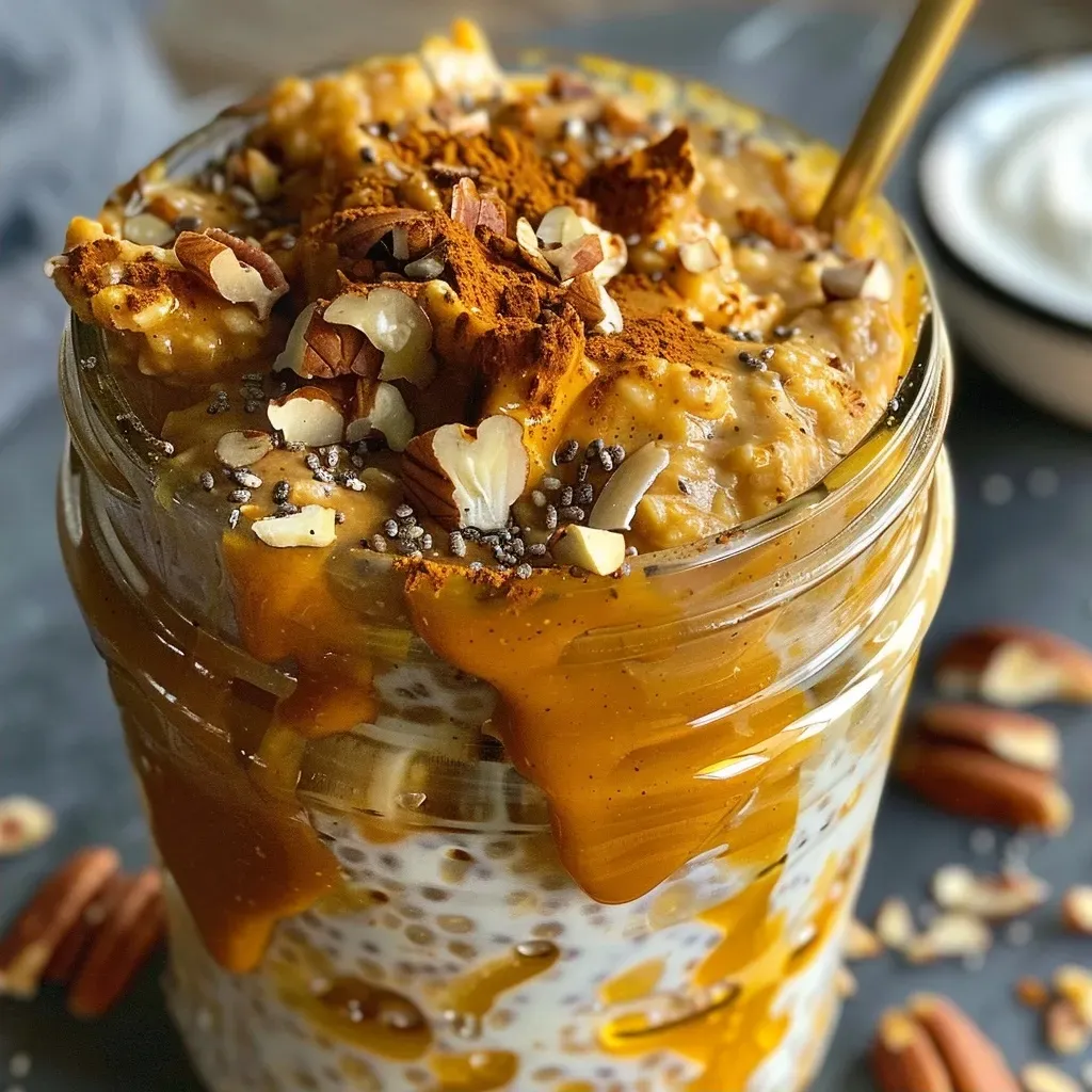 ['Close-up view of Pumpkin Pie Overnight Oats in a glass jar with chia seeds.', 'Side view of creamy Pumpkin Pie Overnight Oats topped with chia seeds and pumpkin spice.', 'A serving of Pumpkin Pie Overnight Oats, showcasing layers of yogurt, pumpkin puree, and oats.', 'Delicious Pumpkin Pie Overnight Oats in a jar with pumpkin puree and chia seeds visible.']