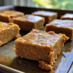 ['Close-up side view of a colorful Pumpkin Protein Bar with visible ingredients.', 'Juicy Pumpkin Protein Bar showcasing its texture and toppings like pecans and white chocolate chips.', 'Pumpkin Protein Bar in focus, revealing a moist interior and a sprinkle of nuts on top.', 'Detailed side view of a homemade Pumpkin Protein Bar highlighting its layers and vibrant color.']