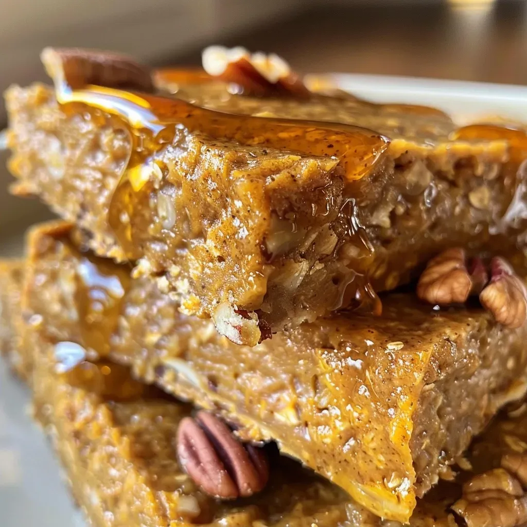 ['Close-up side view of a juicy pumpkin protein bar with a golden-brown texture.', 'Slice of homemade pumpkin protein bar showcasing a moist interior and topped with maple syrup.', 'Delicious pumpkin protein bar with visible nuts and spices, captured in natural light.', 'Side view of a pumpkin protein bar, highlighting its flaky texture and rich color.']