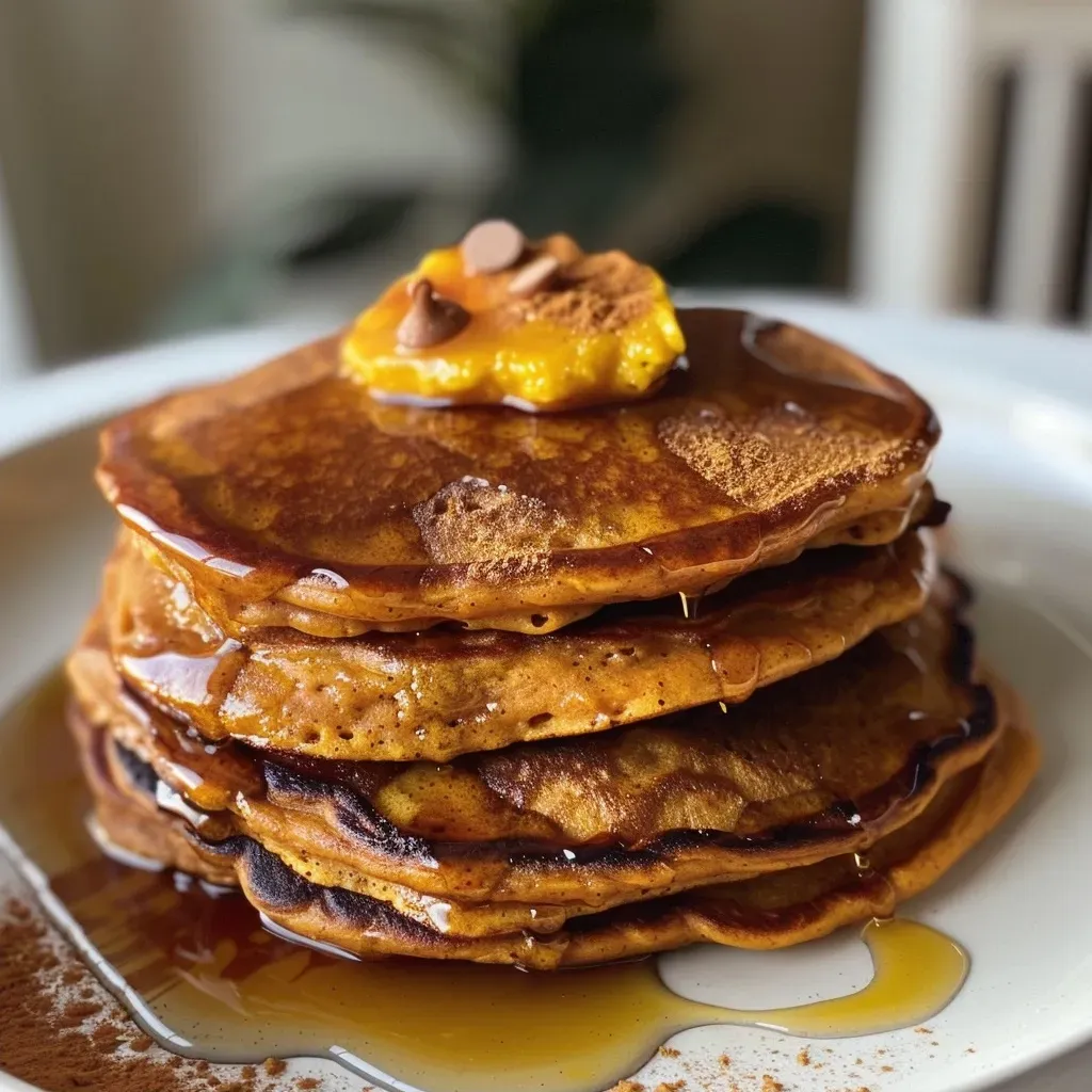 ['A close-up view of golden-brown pumpkin protein pancakes stacked high, with a drizzle of maple syrup.', 'Side view of fluffy pumpkin protein pancakes topped with a light syrup and sprinkled with pumpkin pie spice.', 'A plate of pumpkin protein pancakes, showing their texture and vivid orange color, garnished with syrup.', 'Juicy pumpkin protein pancakes on a white plate, captured in detail, showcasing their fluffy nature.']