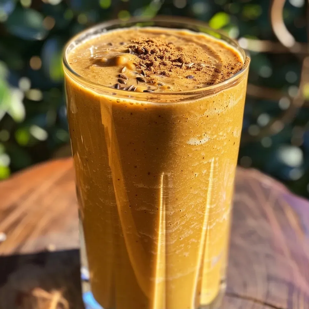 ['Close-up view of a creamy pumpkin protein shake in a glass with ice.', 'Side view of a vibrant orange pumpkin protein shake topped with spices.', 'Close-up shot of a delicious pumpkin protein shake with a smooth texture.', 'Side view of a pumpkin protein shake with ingredients visible in the background.']