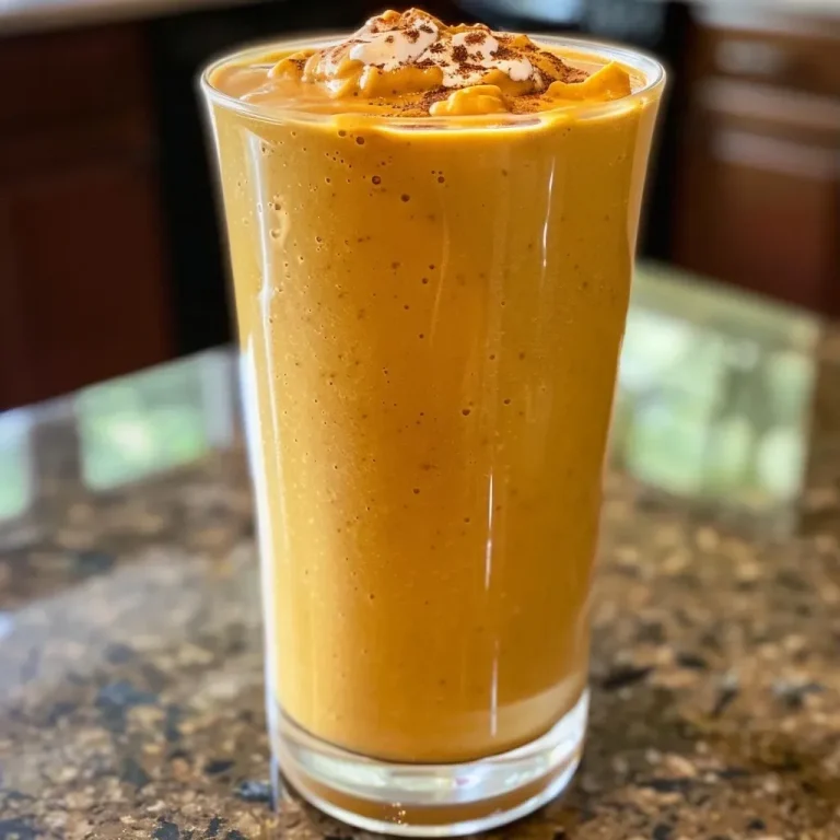 ['Close-up of a creamy pumpkin protein smoothie in a glass, showcasing its vibrant orange color.', 'Side view of a delicious pumpkin protein smoothie topped with a sprinkle of pumpkin pie spice.', 'A rich pumpkin protein smoothie with a thick texture, captured in a clear glass with ice cubes.', 'Overview of a homemade pumpkin protein smoothie, featuring ingredients like pumpkin puree and Greek yogurt.']