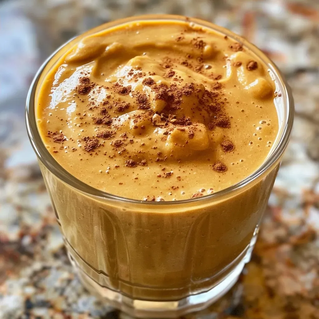 ['Close-up of a creamy pumpkin protein smoothie in a glass, showcasing its vibrant orange color.', 'Side view of a delicious pumpkin protein smoothie topped with a sprinkle of pumpkin pie spice.', 'A rich pumpkin protein smoothie with a thick texture, captured in a clear glass with ice cubes.', 'Overview of a homemade pumpkin protein smoothie, featuring ingredients like pumpkin puree and Greek yogurt.']