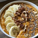 ['Close-up of a creamy pumpkin smoothie bowl topped with granola, banana slices, and pumpkin seeds.', 'Side view of a vibrant pumpkin smoothie bowl with chia seeds, coconut flakes, and a drizzle of almond butter.', 'Thick pumpkin smoothie bowl garnished with crushed pecans and a sprinkle of cinnamon on top.', 'Colorful pumpkin smoothie bowl featuring various toppings including banana slices and a dollop of almond butter.']