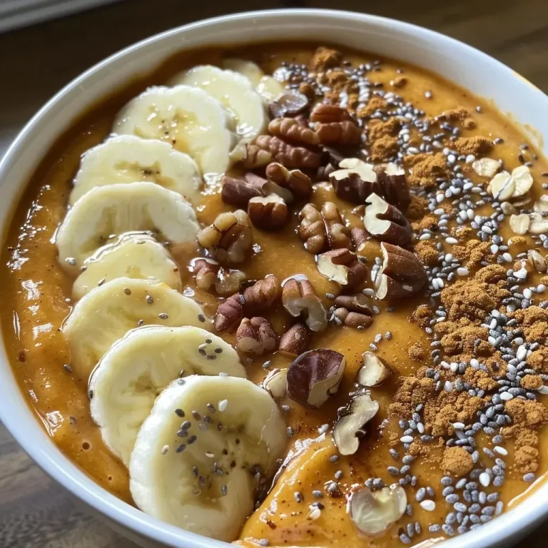 ['Close-up of a creamy pumpkin smoothie bowl topped with granola, banana slices, and pumpkin seeds.', 'Side view of a vibrant pumpkin smoothie bowl with chia seeds, coconut flakes, and a drizzle of almond butter.', 'Thick pumpkin smoothie bowl garnished with crushed pecans and a sprinkle of cinnamon on top.', 'Colorful pumpkin smoothie bowl featuring various toppings including banana slices and a dollop of almond butter.']