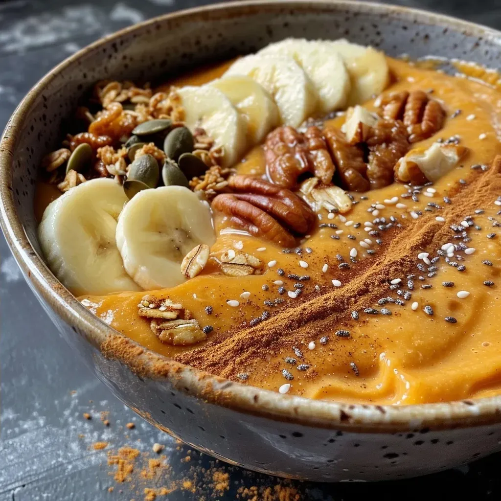 Close-up of a creamy pumpkin smoothie bowl topped with granola, banana slices, and pumpkin seeds.
