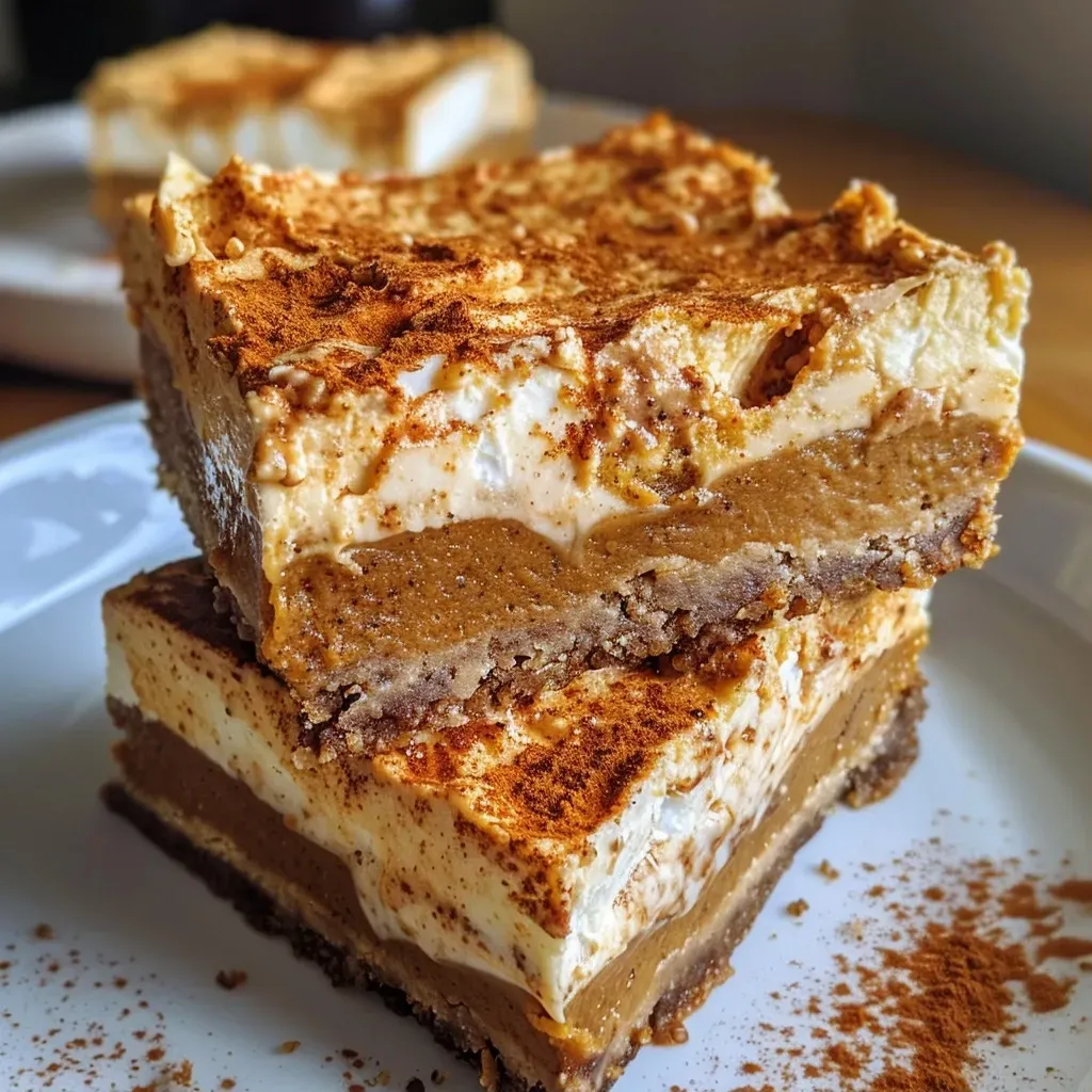 ['Close-up view of Pumpkin Spice Cheesecake Bars on a plate.', 'Side view of low carb Pumpkin Spice Cheesecake Bars with a creamy texture.', 'A delicious slice of gluten-free Pumpkin Spice Cheesecake Bars showcasing layers.', 'Appetizing Pumpkin Spice Cheesecake Bars with a rich golden color.']