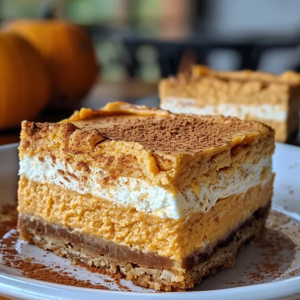 ['Close-up view of Pumpkin Spice Cheesecake Bars on a plate.', 'Side view of low carb Pumpkin Spice Cheesecake Bars with a creamy texture.', 'A delicious slice of gluten-free Pumpkin Spice Cheesecake Bars showcasing layers.', 'Appetizing Pumpkin Spice Cheesecake Bars with a rich golden color.']