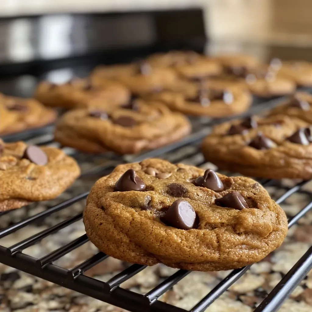 ['Close-up of moist pumpkin spice cookies with chocolate chips, showing a side view.', 'Side view of delicious pumpkin cookies featuring chocolate chips and a soft texture.', 'Juicy pumpkin spice cookies with chocolate chips, captured in a close-up side view.', 'Side view image of pumpkin cookies made with spice cake mix, highlighting their texture.']