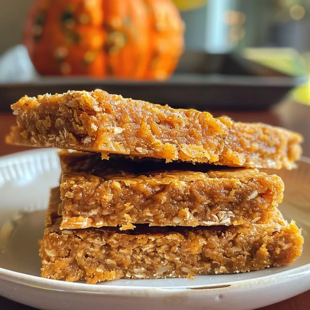['Close-up view of freshly made Pumpkin Spice Energy Bars showing a textured surface with specks of nuts and chocolate chips.', 'Side view of a stack of Pumpkin Spice Energy Bars highlighting their rich, golden-brown color and chewy texture.', 'Juicy Pumpkin Spice Energy Bars displayed on a plate, showcasing their ingredients like oats and pumpkin puree.', 'A delicious selection of Pumpkin Spice Energy Bars with a soft texture and sprinkled nuts, captured in natural light.']