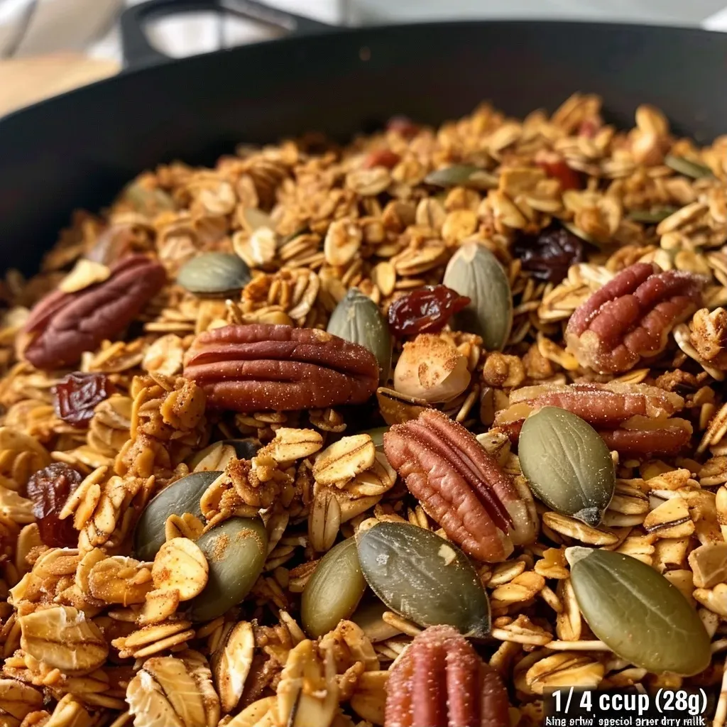 ['Close-up view of pumpkin spice granola with nuts and coconut.', 'Side view of a bowl filled with granola featuring pumpkin and spices.', 'Detailed shot of golden granola clusters with pumpkin puree and spices.', 'Textured granola with oats, coconut, and nuts in a vibrant display.']