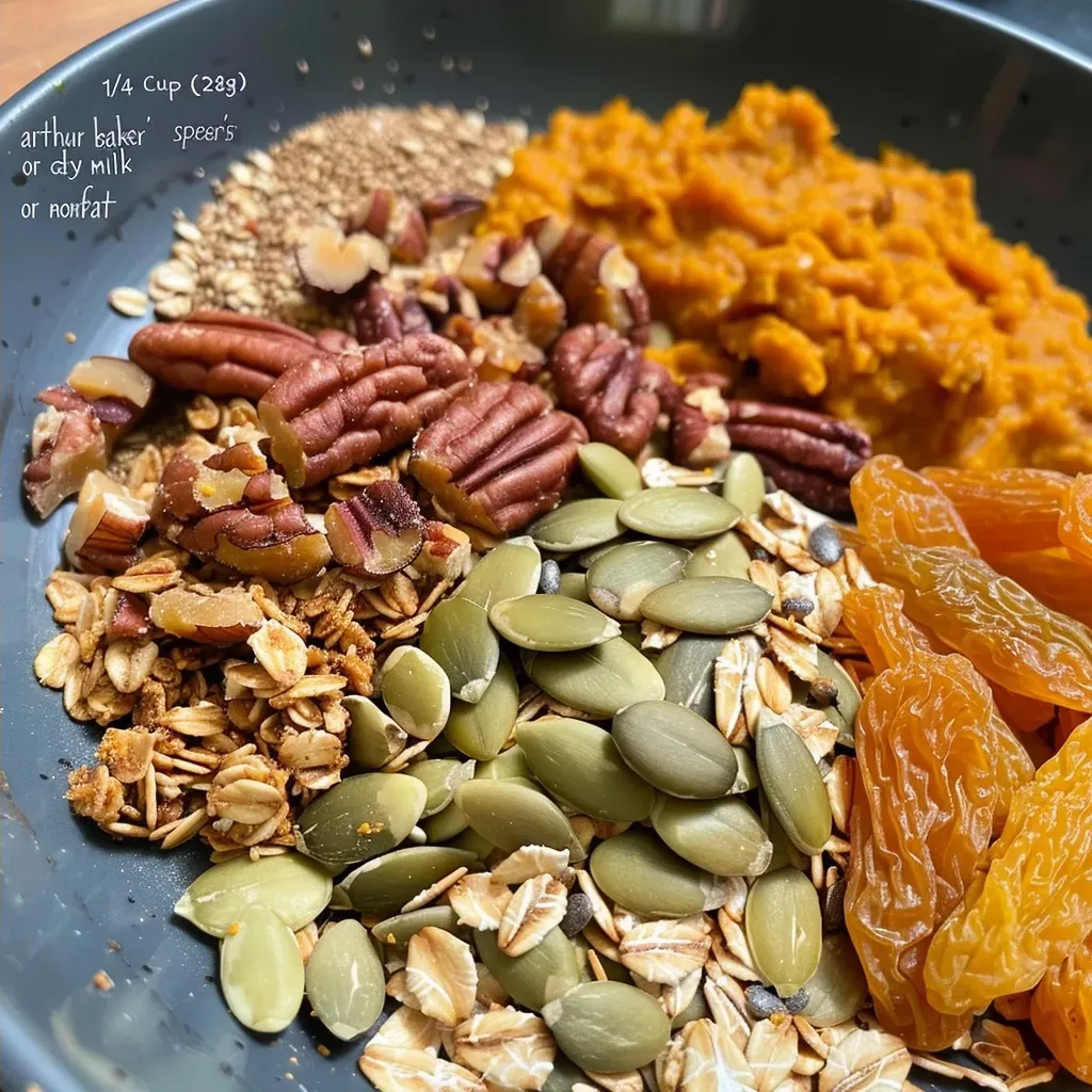 ['Close-up view of Pumpkin Spice Granola showcasing oats, nuts, and spices.', 'Side view of a bowl filled with Pumpkin Spice Granola, highlighting its texture and ingredients.', 'Detailed image of Pumpkin Spice Granola with visible pumpkin seeds and raisins.', 'Zoomed-in perspective of granola mixture featuring crunchy pecans and spices.']