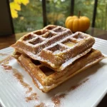 ['Close-up of golden brown pumpkin spice waffles with syrup and whipped cream.', 'Side view of fluffy pumpkin spice high protein waffles topped with yogurt and a sprinkle of cinnamon.', 'Delicious pumpkin spice waffles served on a plate, garnished with honey and pumpkin pie spice.', 'Crisp, high-protein pumpkin spice waffles displayed with a side of Greek yogurt and drizzled honey.']
