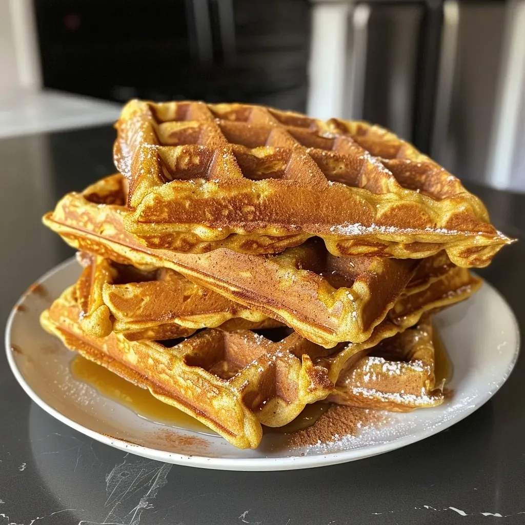 ['Close-up of golden brown pumpkin spice waffles with syrup and whipped cream.', 'Side view of fluffy pumpkin spice high protein waffles topped with yogurt and a sprinkle of cinnamon.', 'Delicious pumpkin spice waffles served on a plate, garnished with honey and pumpkin pie spice.', 'Crisp, high-protein pumpkin spice waffles displayed with a side of Greek yogurt and drizzled honey.']