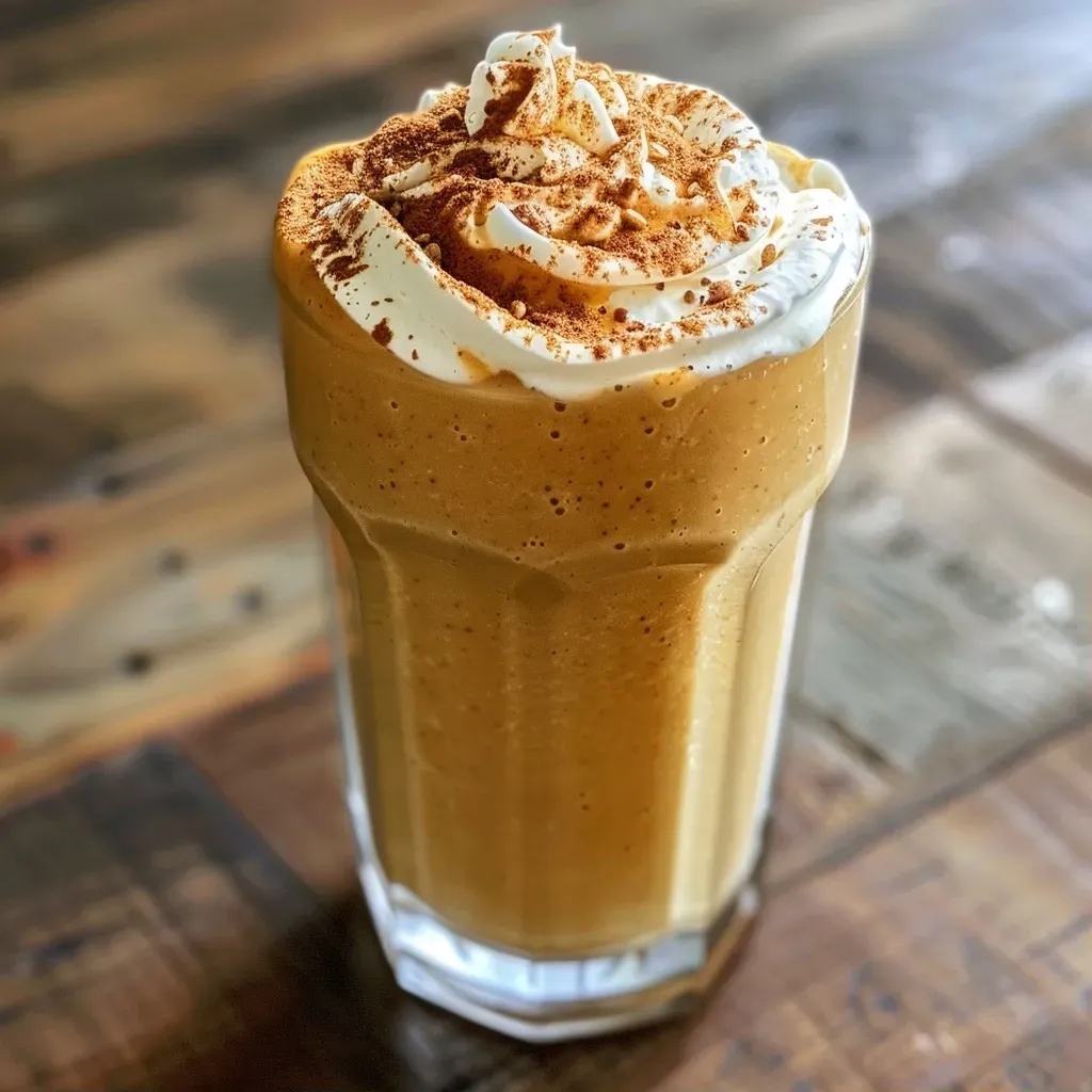 ['Close-up side view of a creamy Pumpkin Spice Latte Smoothie in a clear glass.', 'A refreshing Pumpkin Spice Latte Smoothie with vibrant orange color, topped with a sprinkle of cinnamon.', 'Side view of a luscious Pumpkin Spice Latte Smoothie, showcasing its thick texture and warm autumn hues.', 'A delicious Pumpkin Spice Latte Smoothie served in a glass, emphasizing its smooth consistency and seasonal spices.']