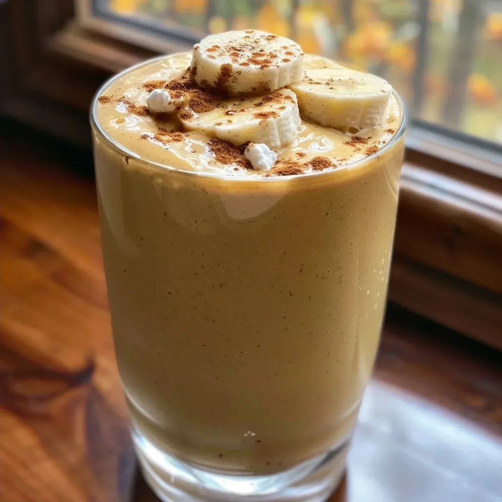 ['Close-up side view of a creamy Pumpkin Spice Latte Smoothie in a clear glass.', 'A refreshing Pumpkin Spice Latte Smoothie with vibrant orange color, topped with a sprinkle of cinnamon.', 'Side view of a luscious Pumpkin Spice Latte Smoothie, showcasing its thick texture and warm autumn hues.', 'A delicious Pumpkin Spice Latte Smoothie served in a glass, emphasizing its smooth consistency and seasonal spices.']