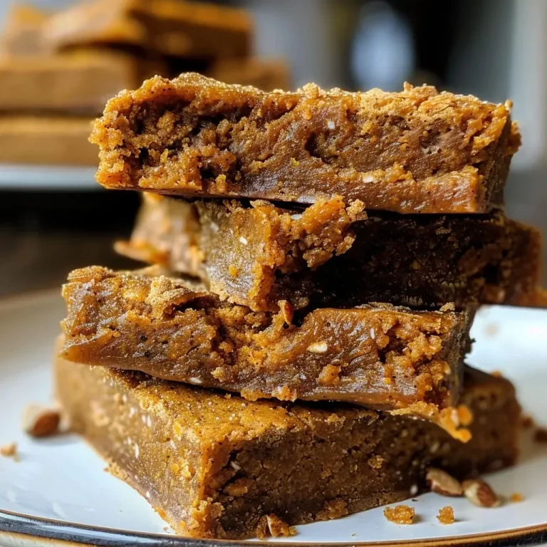 ['Close-up view of pumpkin spice protein bars with a rich, golden color and visible nuts on top.', 'A side view of freshly baked pumpkin spice protein bars showcasing their moist texture and ingredients.', 'Delicious pumpkin spice protein bars stacked, highlighting their almond flour base and nut toppings.', 'A detailed shot of pumpkin spice protein bars with a glossy finish, emphasizing the pumpkin puree inside.']