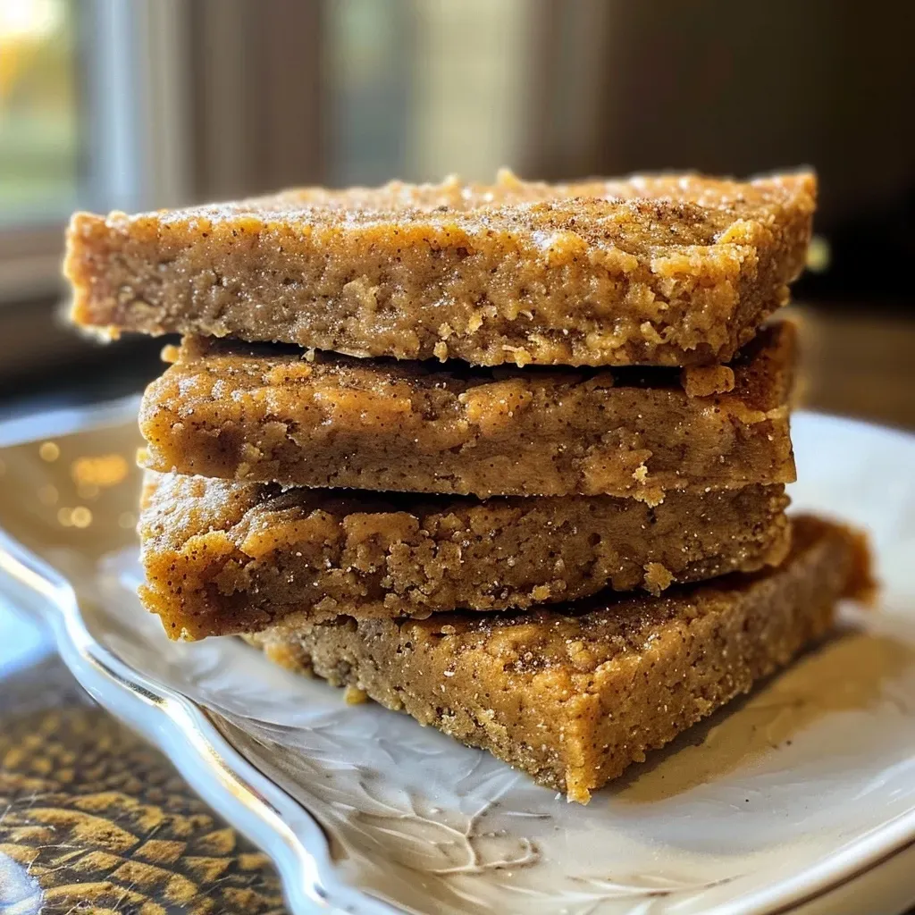 ['Close-up view of pumpkin spice protein bars with a rich, golden color and visible nuts on top.', 'A side view of freshly baked pumpkin spice protein bars showcasing their moist texture and ingredients.', 'Delicious pumpkin spice protein bars stacked, highlighting their almond flour base and nut toppings.', 'A detailed shot of pumpkin spice protein bars with a glossy finish, emphasizing the pumpkin puree inside.']