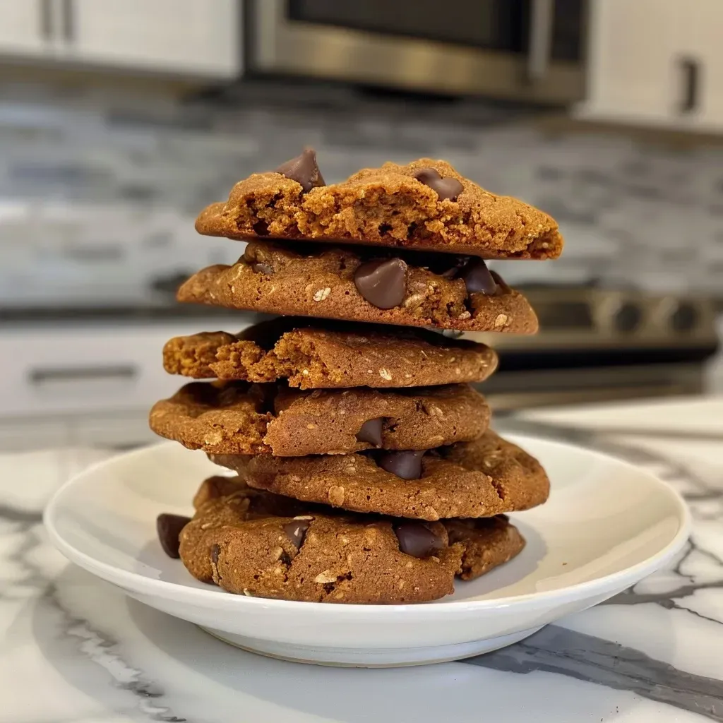 ['Close-up view of a Pumpkin Spice Protein Cookie with dark chocolate chips.', 'Side view of a freshly baked Pumpkin Spice Protein Cookie on a wooden surface.', 'A delicious Pumpkin Spice Protein Cookie highlighting its texture and chocolate chips.', 'Juicy Pumpkin Spice Protein Cookie with visible spices and chocolate chips.']