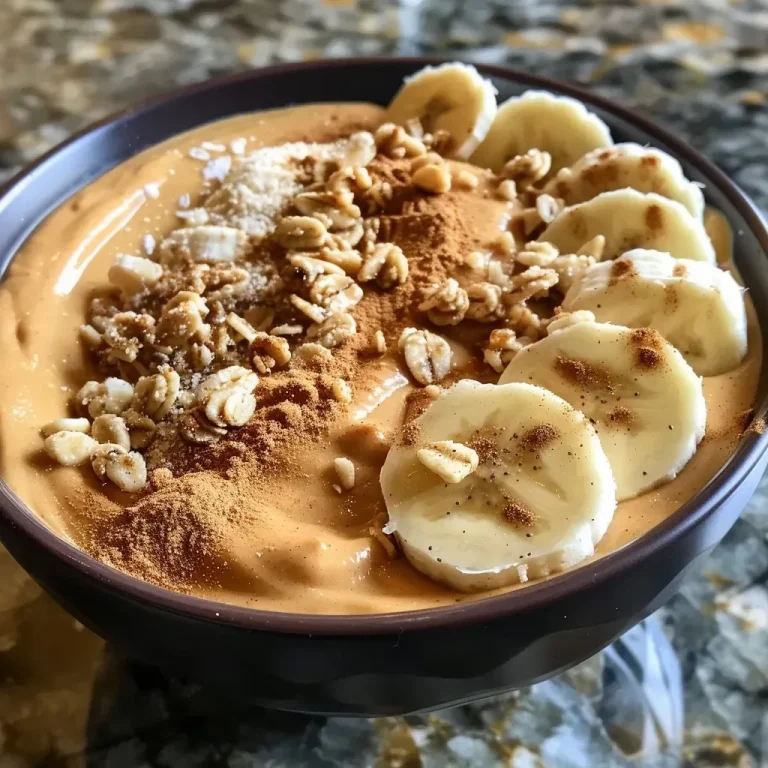 ['A close-up view of a creamy pumpkin spice protein smoothie bowl topped with colorful fruit and nuts.', 'Side view of a delicious pumpkin spice smoothie bowl with visible toppings like sliced banana and seeds.', 'A vibrant pumpkin spice smoothie bowl garnished with granola, banana slices, and a sprinkle of pumpkin pie spice.', 'A textured close-up of a pumpkin spice smoothie bowl showcasing its creamy consistency and assorted toppings.']