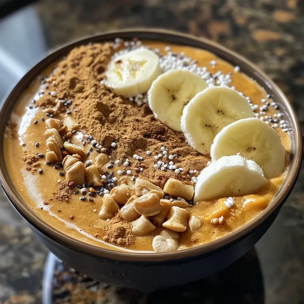 ['A close-up view of a creamy pumpkin spice protein smoothie bowl topped with colorful fruit and nuts.', 'Side view of a delicious pumpkin spice smoothie bowl with visible toppings like sliced banana and seeds.', 'A vibrant pumpkin spice smoothie bowl garnished with granola, banana slices, and a sprinkle of pumpkin pie spice.', 'A textured close-up of a pumpkin spice smoothie bowl showcasing its creamy consistency and assorted toppings.']