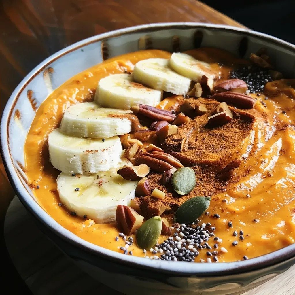 ['A close-up side view of a creamy Pumpkin Spice Smoothie Bowl topped with nuts and seeds.', 'A vibrant Pumpkin Spice Smoothie Bowl in a bowl, showcasing its rich orange color and toppings.', 'A side view of a thick Pumpkin Spice Smoothie Bowl, garnished with chopped pecans and pepitas.', 'A delicious Pumpkin Spice Smoothie Bowl filled with a creamy mixture and adorned with various toppings.']