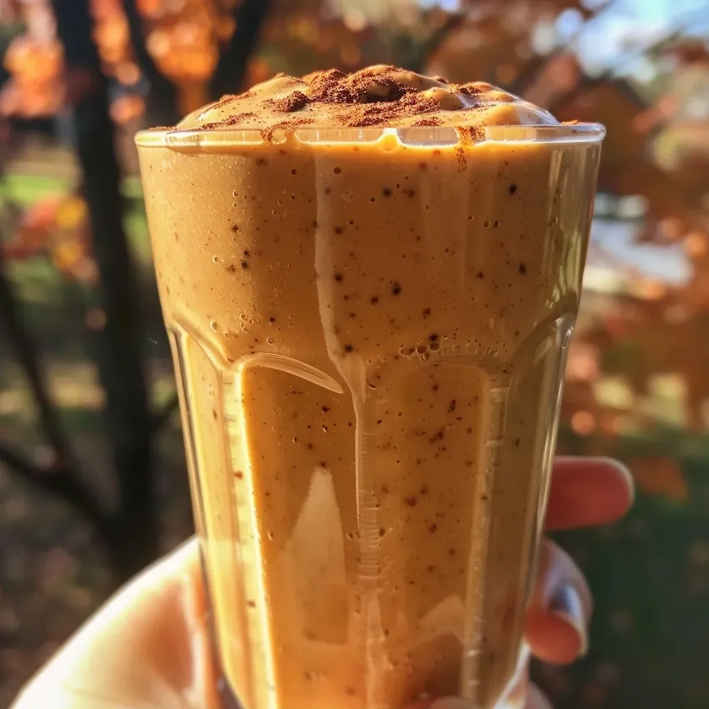 ['Close-up view of a creamy pumpkin spice smoothie in a glass, garnished with a sprinkle of cinnamon.', 'Side view of a delicious pumpkin spice smoothie, showcasing its rich orange color and smooth texture.', 'Pumpkin spice smoothie in a clear glass, with visible chunks of banana and a dusting of spices on top.', 'Refreshing pumpkin spice smoothie captured in a side profile, highlighting the vibrant ingredients used.']