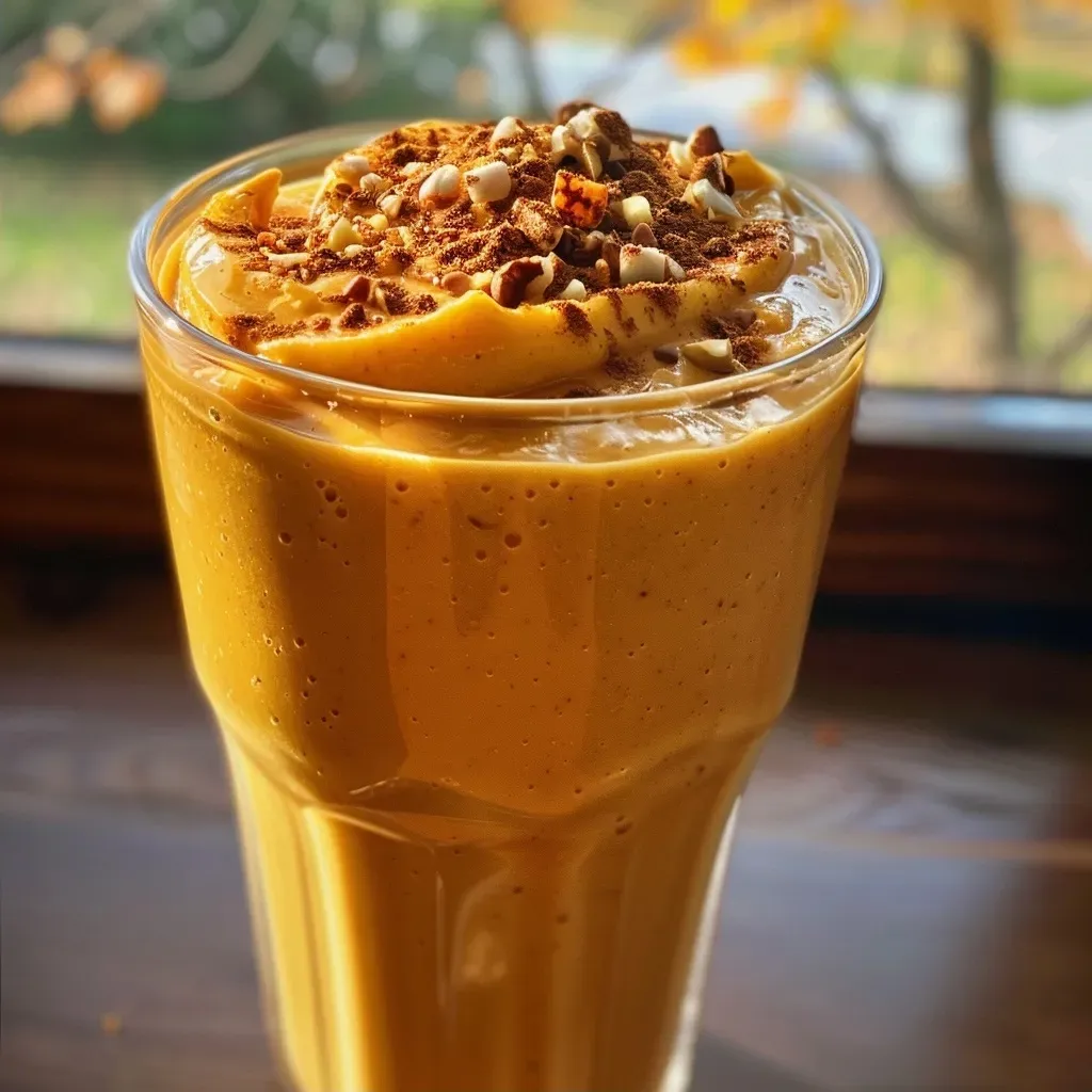 ['Close-up view of a creamy pumpkin spice smoothie in a glass, garnished with a sprinkle of cinnamon.', 'Side view of a delicious pumpkin spice smoothie, showcasing its rich orange color and smooth texture.', 'Pumpkin spice smoothie in a clear glass, with visible chunks of banana and a dusting of spices on top.', 'Refreshing pumpkin spice smoothie captured in a side profile, highlighting the vibrant ingredients used.']