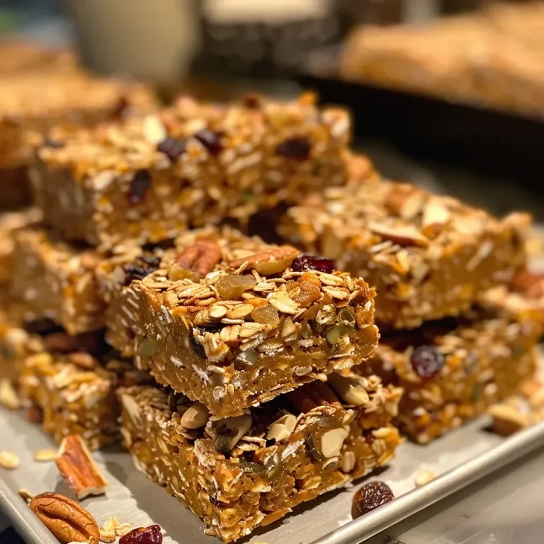 ['Close-up of golden-brown Pumpkin Spice Trail Mix Bars with visible oats and nuts.', 'Side view of delicious Pumpkin Spice Trail Mix Bars showcasing their textured layers.', 'Zoomed-in image of freshly made Pumpkin Spice Trail Mix Bars with chunks of nuts and dried fruit.', 'Detailed view of healthy Pumpkin Spice Trail Mix Bars featuring a mix of cranberries and oats.']