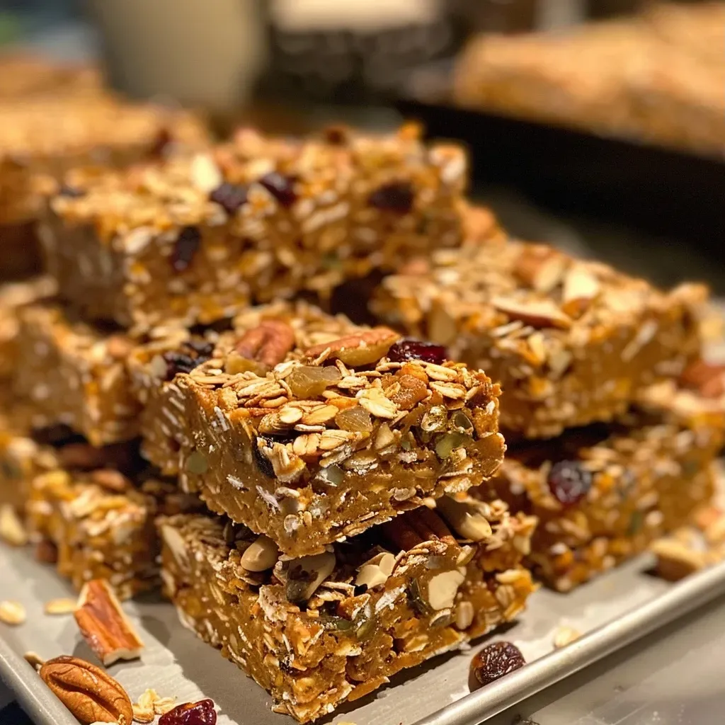 ['Close-up of golden-brown Pumpkin Spice Trail Mix Bars with visible oats and nuts.', 'Side view of delicious Pumpkin Spice Trail Mix Bars showcasing their textured layers.', 'Zoomed-in image of freshly made Pumpkin Spice Trail Mix Bars with chunks of nuts and dried fruit.', 'Detailed view of healthy Pumpkin Spice Trail Mix Bars featuring a mix of cranberries and oats.']