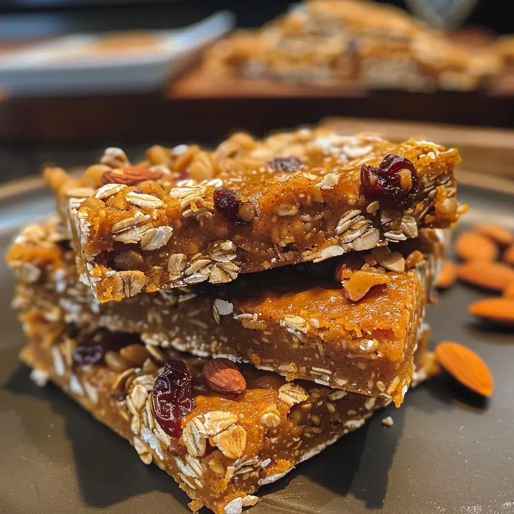 ['Close-up of golden-brown Pumpkin Spice Trail Mix Bars with visible oats and nuts.', 'Side view of delicious Pumpkin Spice Trail Mix Bars showcasing their textured layers.', 'Zoomed-in image of freshly made Pumpkin Spice Trail Mix Bars with chunks of nuts and dried fruit.', 'Detailed view of healthy Pumpkin Spice Trail Mix Bars featuring a mix of cranberries and oats.']